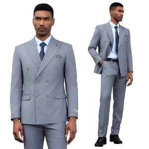 2024 Stacy Adams Double-Breasted Peak Lapel Men's Suit, Medium Grey